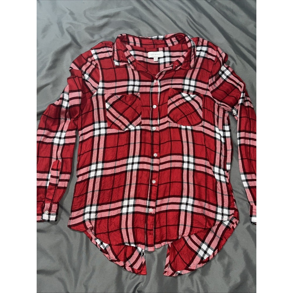 Lucky Brand Womens S/P Red Plaid Button Up Split Back